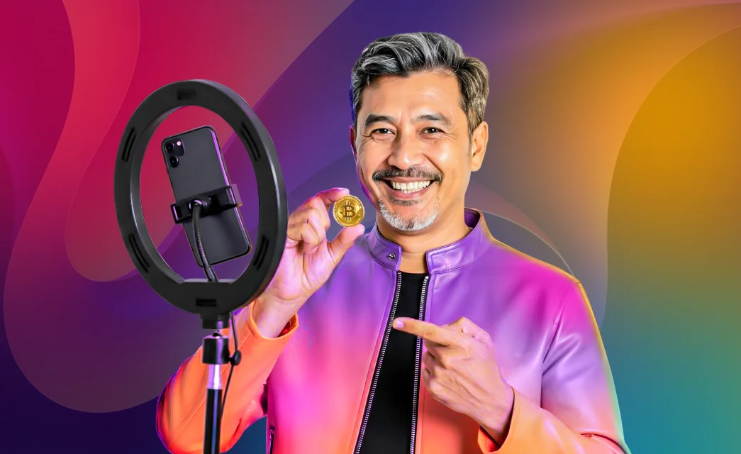 A creative influencer whose camera is exploding with color, representing the viral nature of crypto influencer marketing