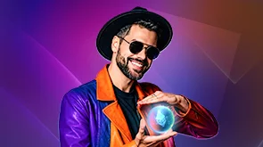 A man touching a holographic DEFI interface, illustrating a core concept in defi marketing.