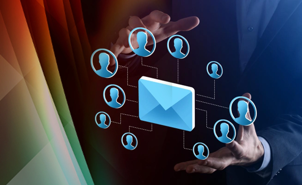 An email icon at the center of a user network, illustrating targeted crypto email marketing