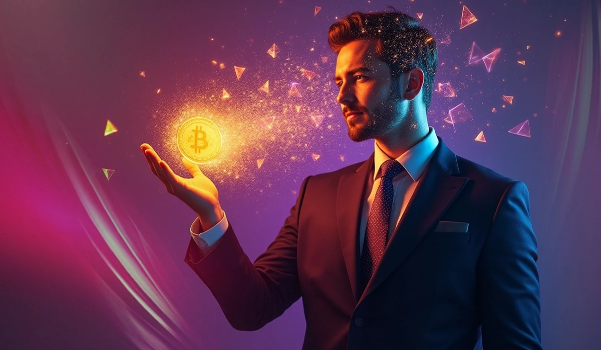 A glowing blue microprocessor on a dark circuit board with neon pink traces.