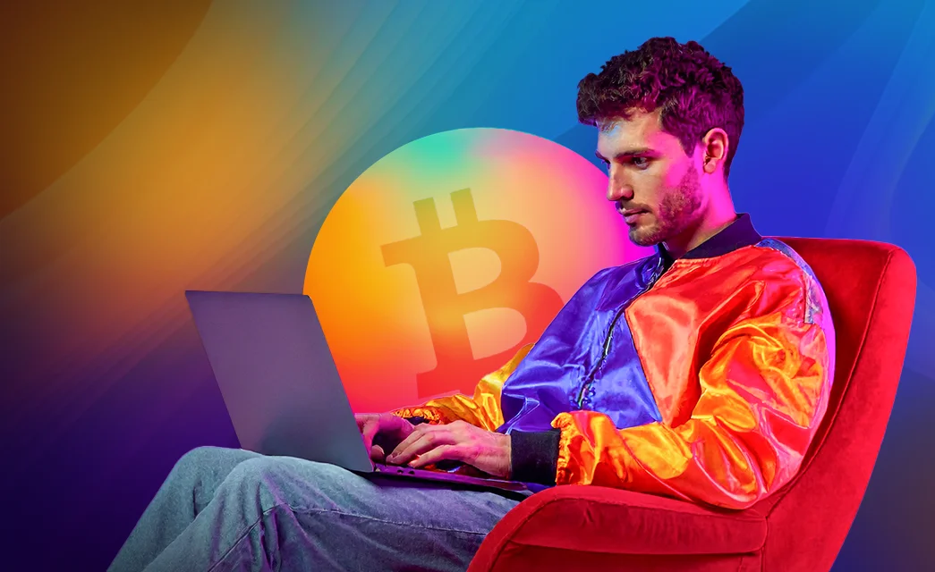 A professional thoughtfully examines the word SEO through a magnifying glass representing the detailed analysis of a crypto SEO agency