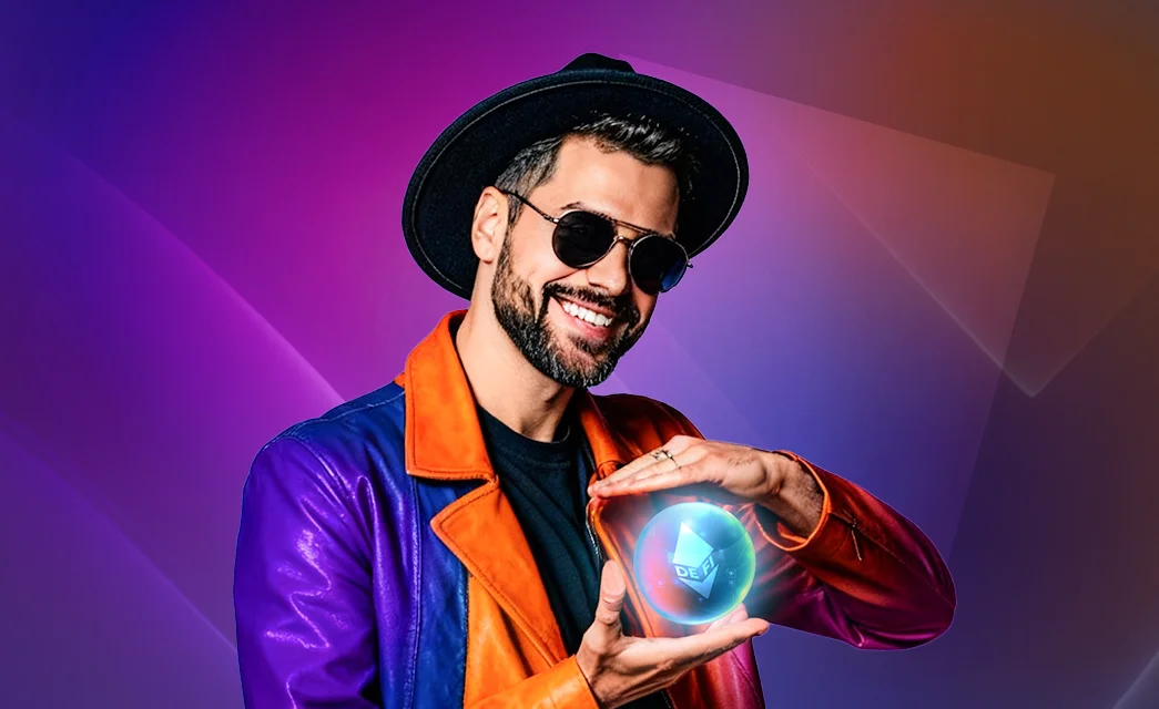 A hand holds a futuristic DeFi interface a concept promoted by a DeFi marketing agency