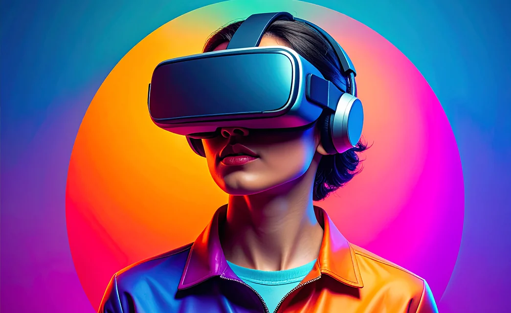 A man wearing a glowing VR headset fully immersed in an experience created by a metaverse marketing agency