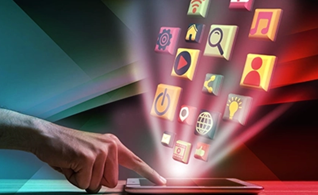 A stream of digital media icons represents the various channels used in paid media marketing