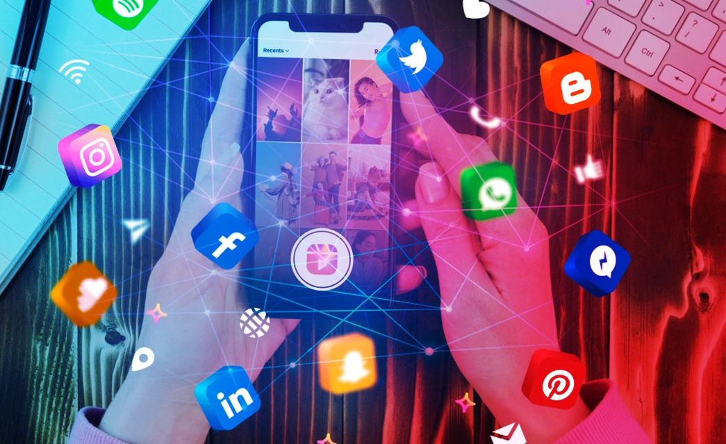 A network of popular social media logos connected by light emanates from a smartphone, demonstrating the core strategy of social media marketing.