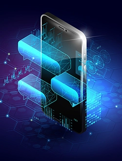 A futuristic smartphone visualizes a mix of messaging data and user analytics on its screen