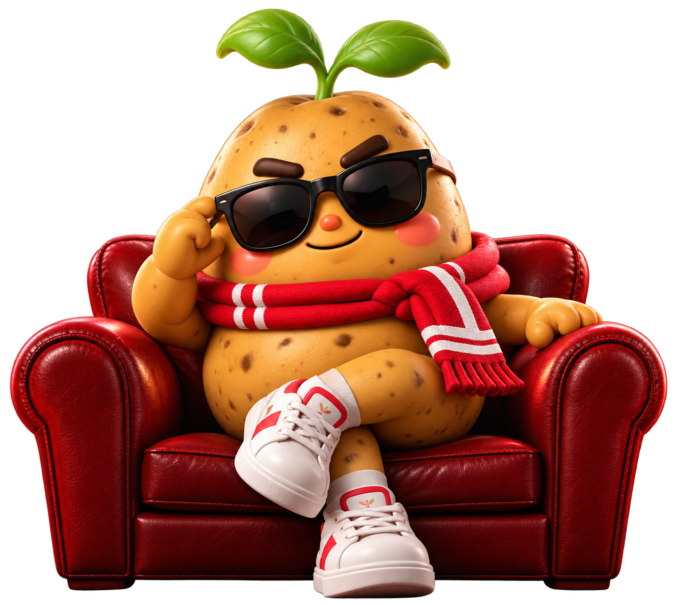 Gamja lounging in a red armchair wearing sunglasses and his red scarf