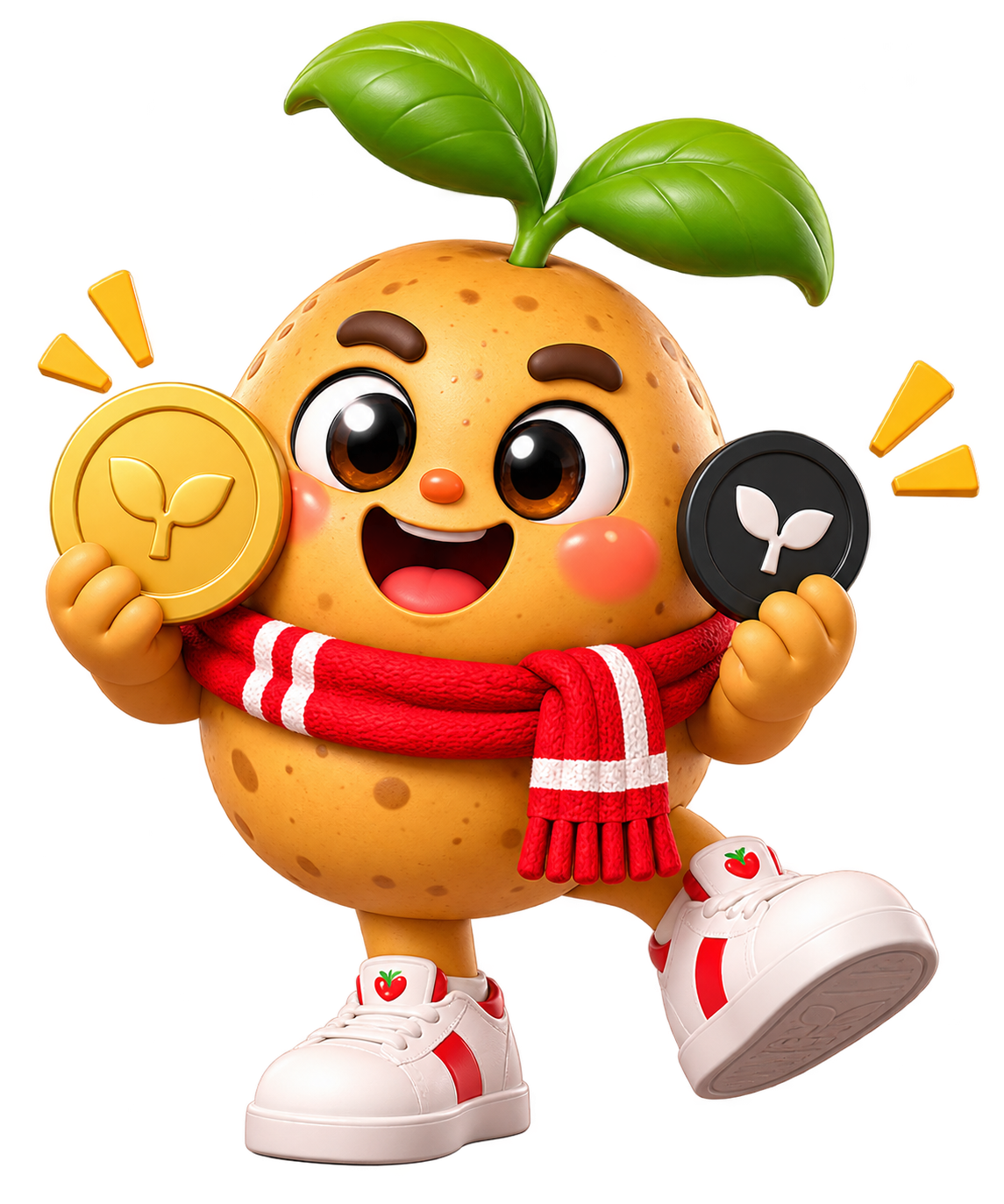 Gamja striding forward with a gold coin in one hand and a black coin in the other