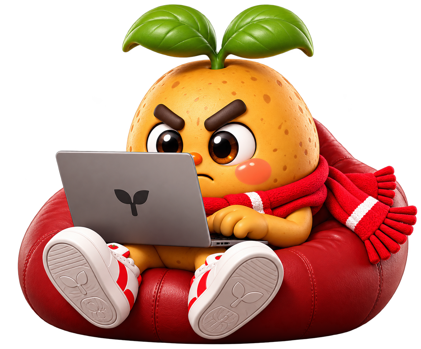 Gamja on a red beanbag, frowning in concentration at a laptop