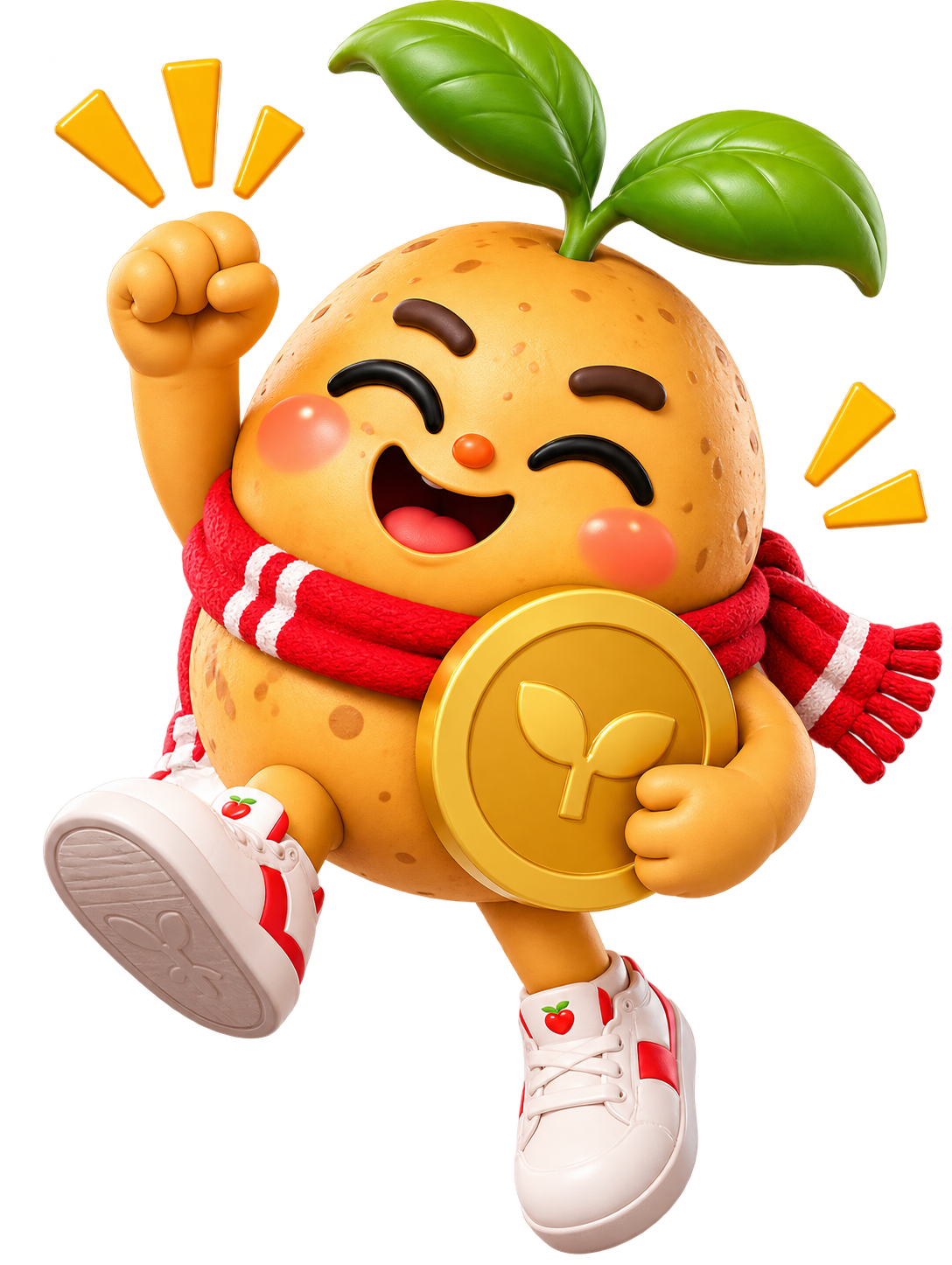 Gamja cheering with a fist in the air, hugging a big gold coin