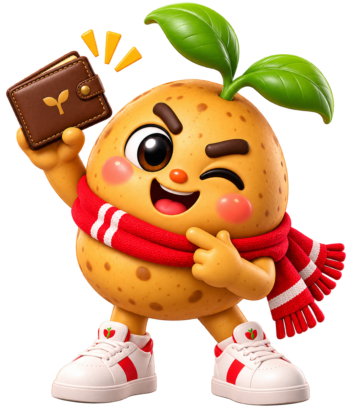 Gamja winking and holding up a brown leather wallet