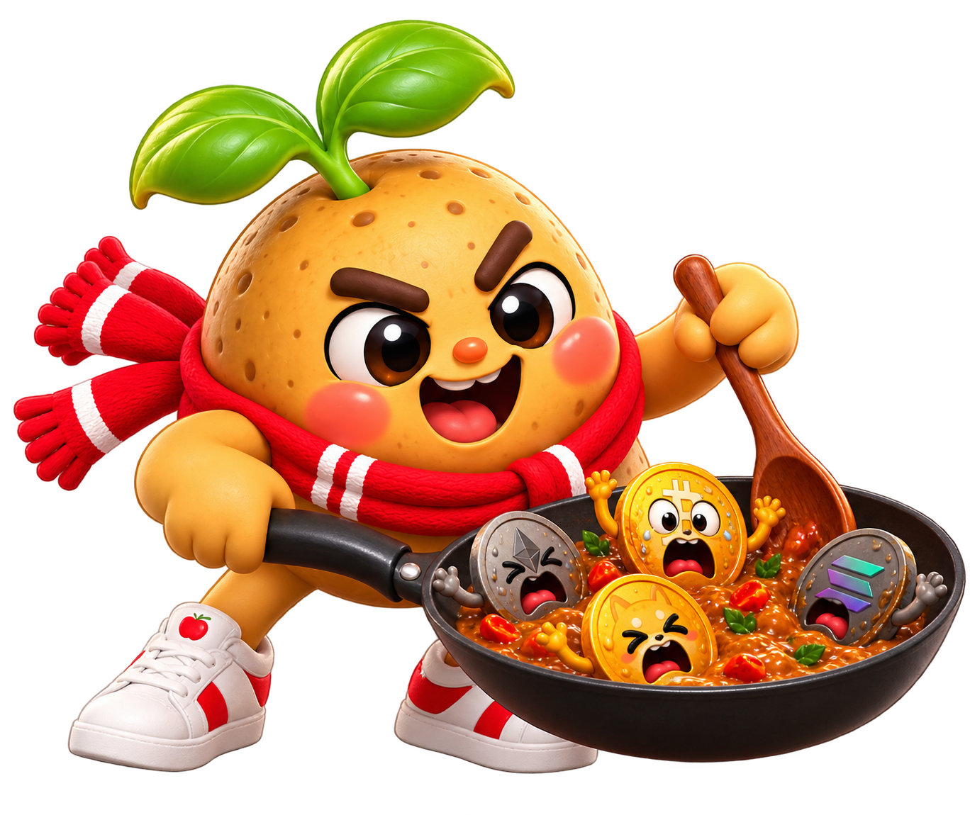 Gamja grinning while stirring a frying pan full of crying coins