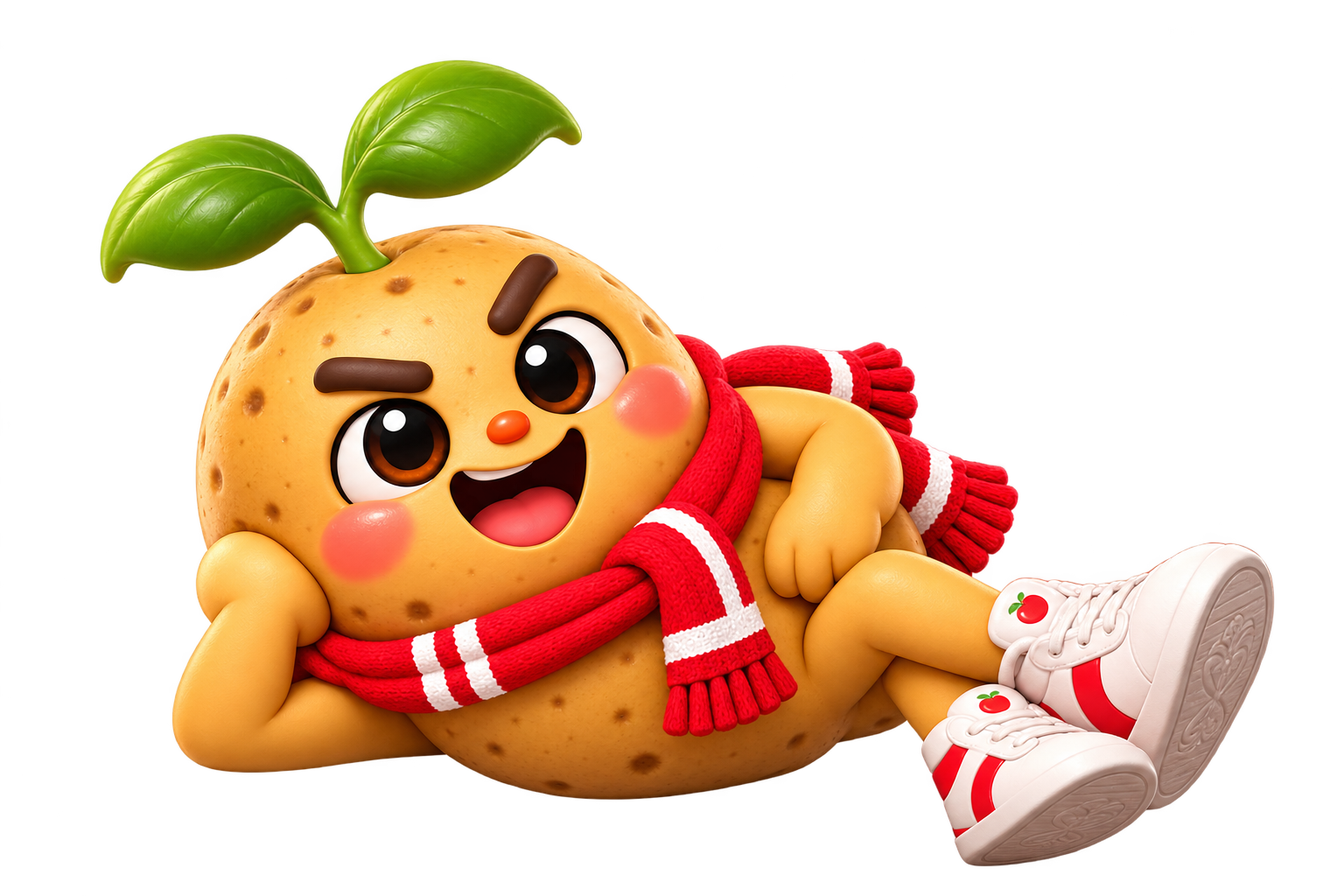 Gamja lying on one side, head propped on a hand, grinning with legs crossed