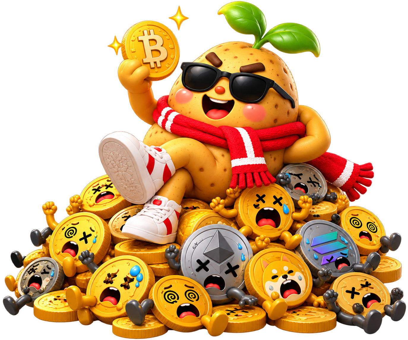 Gamja in sunglasses lounging on a pile of knocked-out coins, holding one up