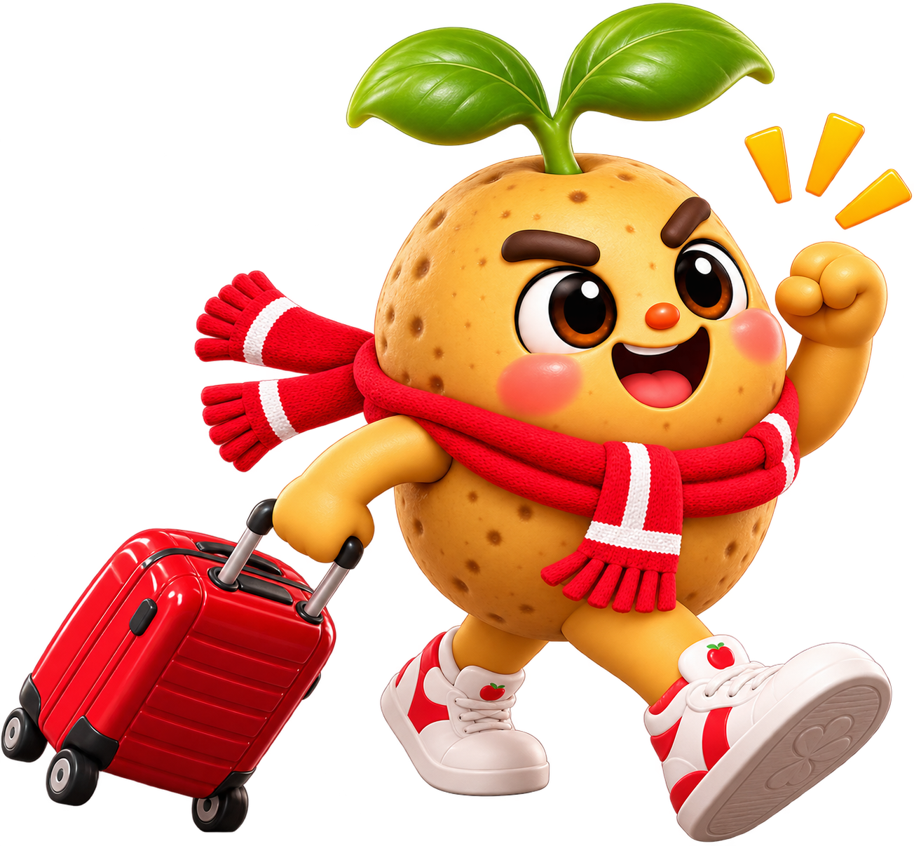 Gamja striding along pulling a red suitcase, fist raised