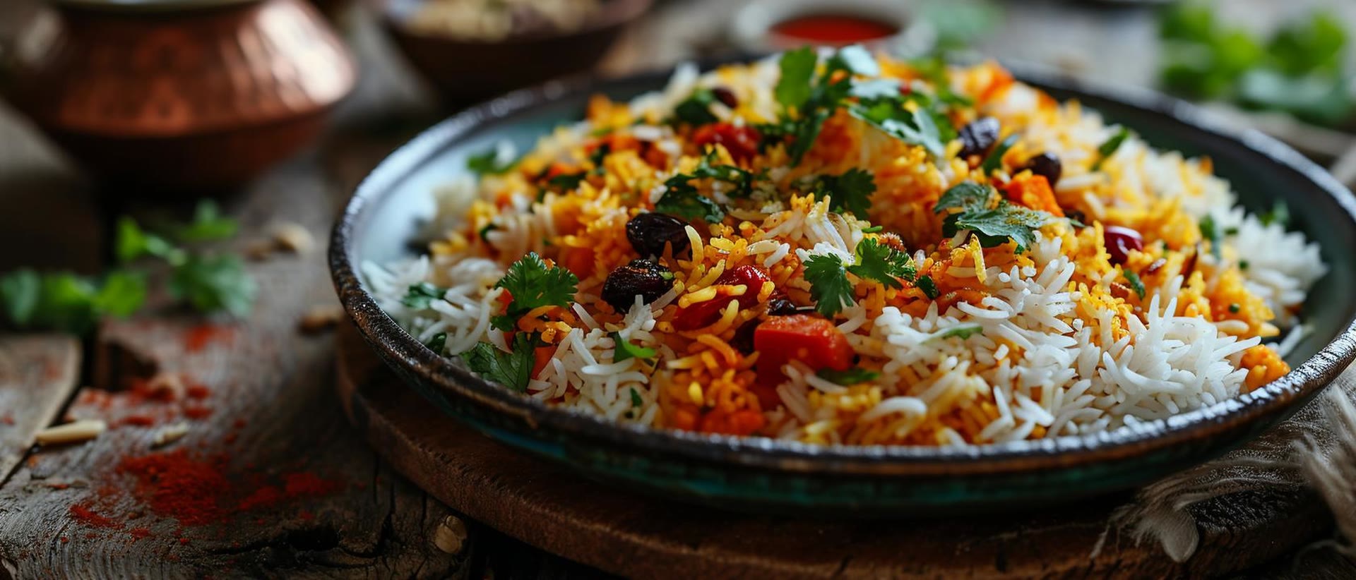 A plate of vegetable biryani with saffron rice, raisins and fresh coriander on a rustic wooden table