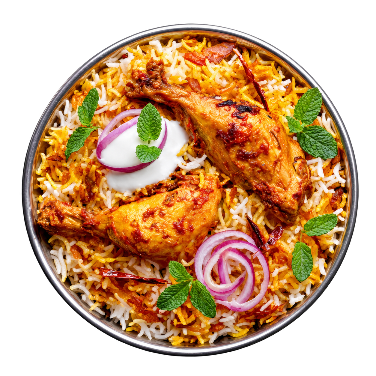 Chicken biryani on a white plate